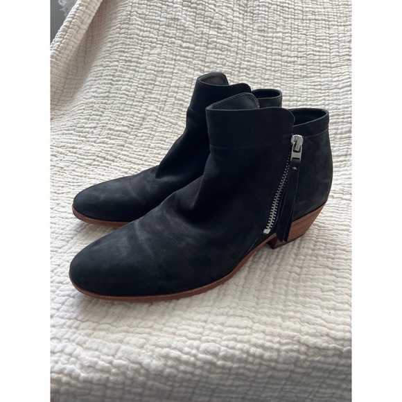 Sam Edelman Black Leather Zip Up Booties Wooden Heel Size 8 - Picture 5 of 6